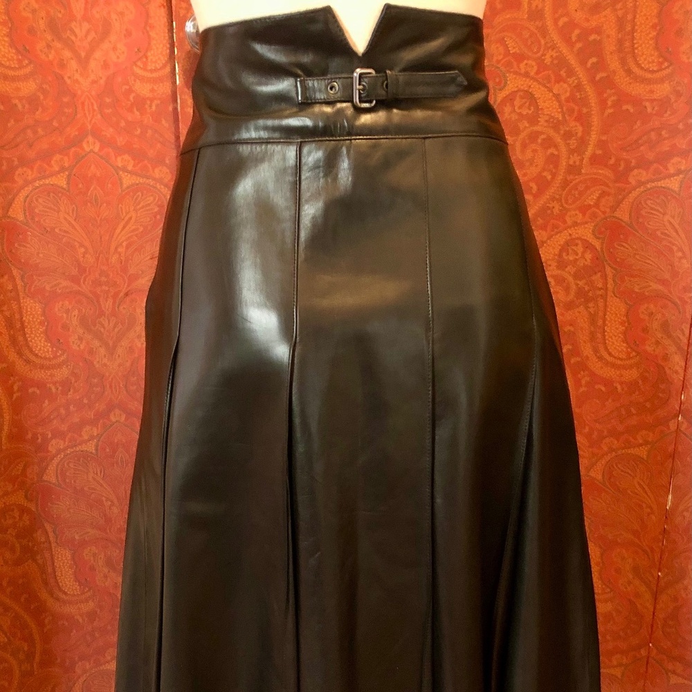 Vintage Prada Women's Black Leather Pleated Skirt w Logo Buckle